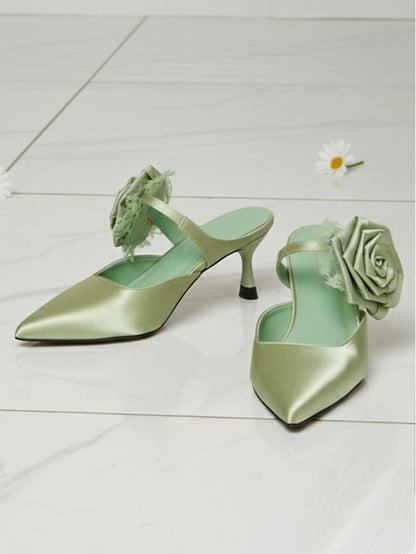 Floral Toe Heels Women's Ankle Satin Pointed Green with