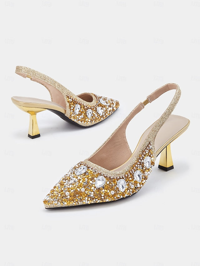 Slingback with Heels Rhinestone Gold Women's Pearl