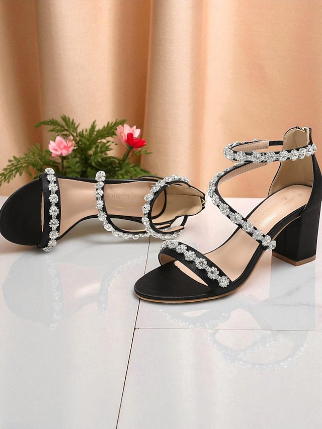 Open - Rhinestone Elegant Heel Women's Sandals White Block