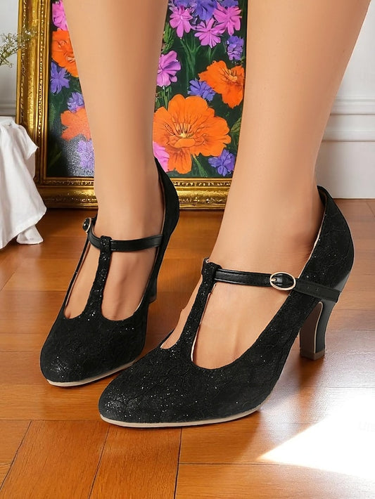 Ivory Heel Women's Pumps-1920s T-Strap Lace Vintage Mid