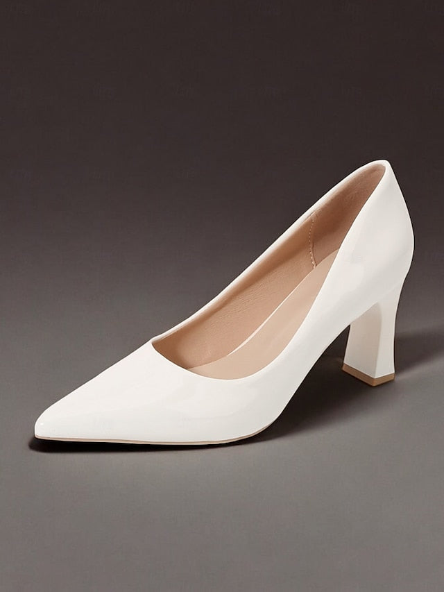 Leather Block Heel Glossy Pointed-Toe Pumps Green Patent Faux