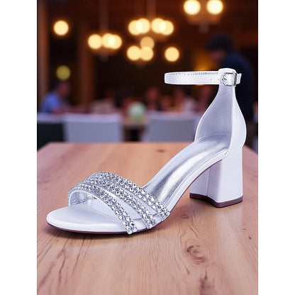 Block Heel Women's Purple Rhinestone Sandals with Satin