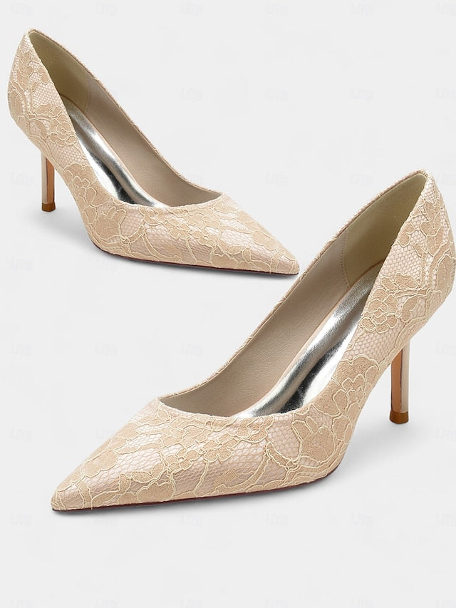 Heels Pointed-Toe - Women's Lace-Embroidered Stiletto