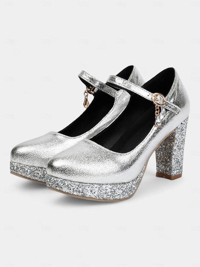 – Women's Block Heel Jane Glitter Mary Sparkly Gold Pumps