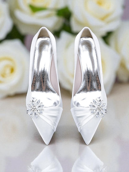 Women's Crystal Heel Pumps Block Low with White