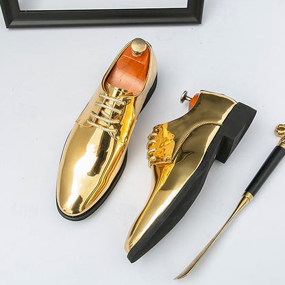 for – Patent Gold Shiny Shoes Leather Men Sleek Lace-Up