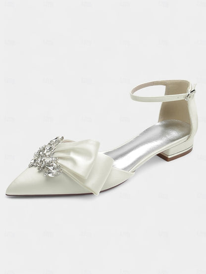 Pointed-Toe White Rhinestone Bow Heels with Ankle Satin and