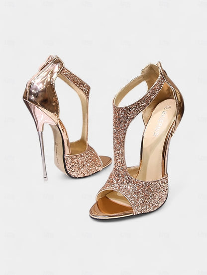 Gold and T-Strap Open Stiletto with Design for Toe Glitter Heels