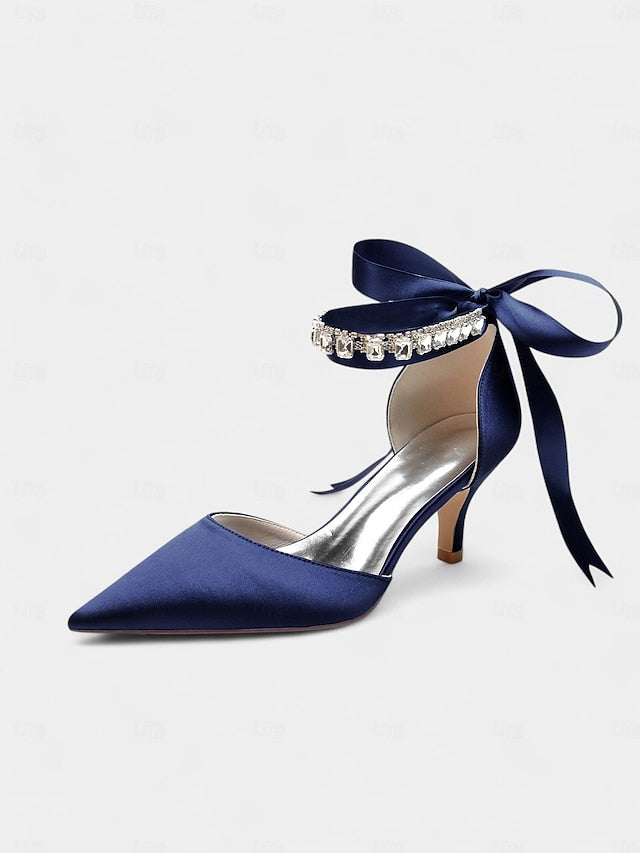 Heels Blue Ankle Pointed-Kitten with Strap Rhinestone and Satin