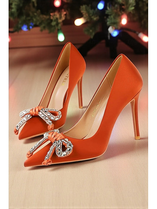 Women's Heels Stiletto Bow Orange Crystal - Pointed with