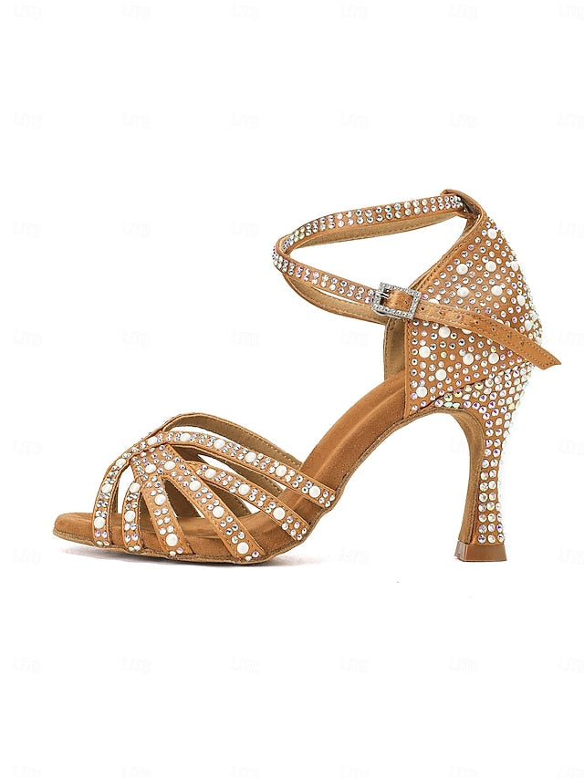 Rhinestone-Embellished Latin Tan High Sandals Dance with Heel