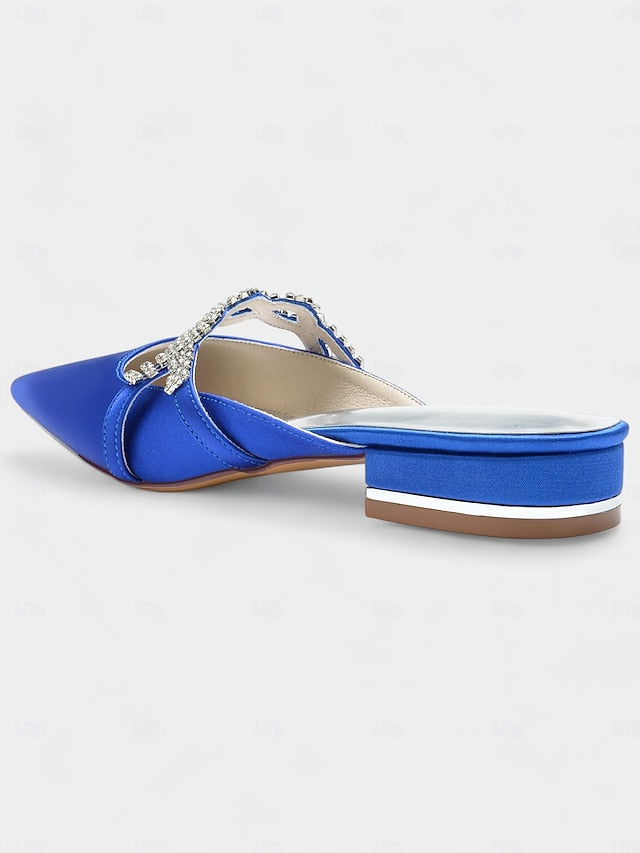 - Satin Blue Heels Mule Detailing with Rhinestone Pointed-Toe