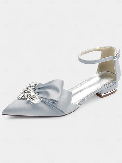 Pointed-Toe White Rhinestone Bow Heels with Ankle Satin and