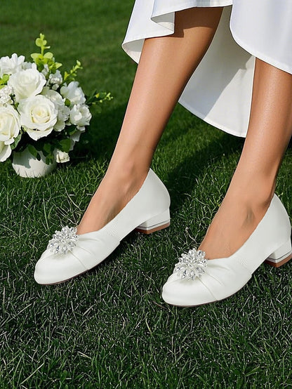 Elegant Wedding White Crystal Satin Flats Women's –