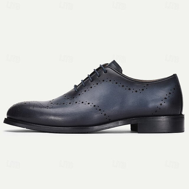 Blue Cowhide Shoes Men's Classic Oxford Genuine Navy