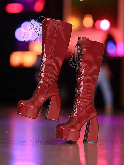 Metallic Silver Platform High Boots - Lace-Up Women's Knee