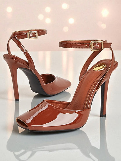 Peep High - Heels Leather Green Women's Toe Dark Patent