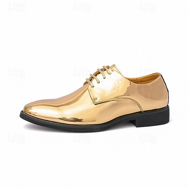 for – Patent Gold Shiny Shoes Leather Men Sleek Lace-Up
