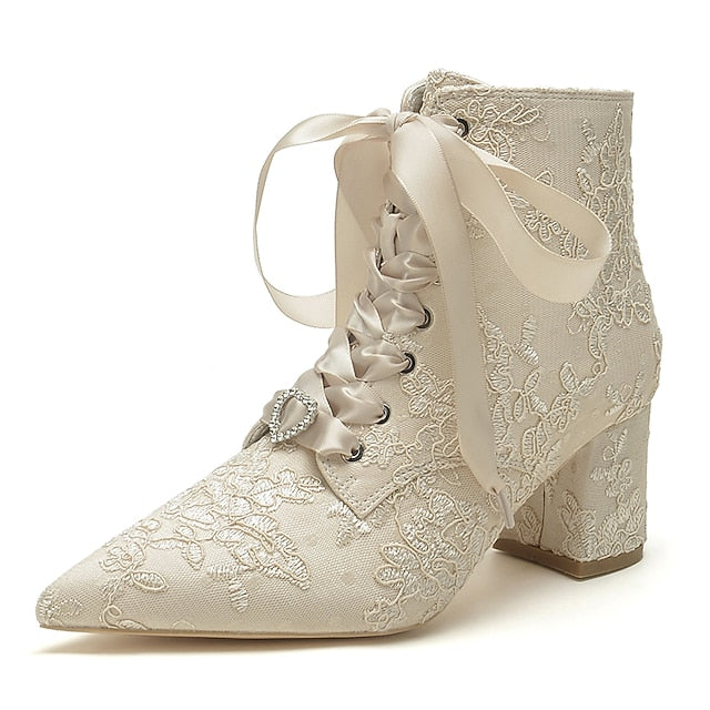 Booties – Embroidered Floral Women's White Lace-Up Bridal