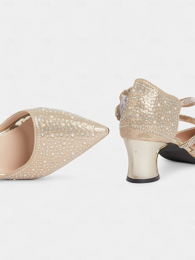 Rhinestone Heel Glitter Ankle Low Strap Toe Pointed Women's