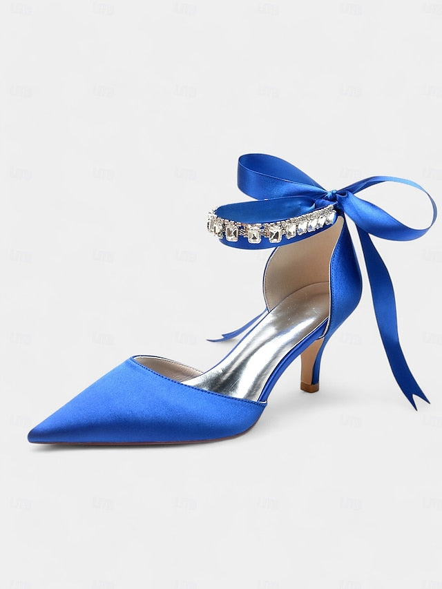 Heels Blue Ankle Pointed-Kitten with Strap Rhinestone and Satin