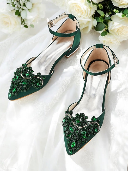 Embellished Green Vintage Gemstone Flats – Pointed-Toe Style