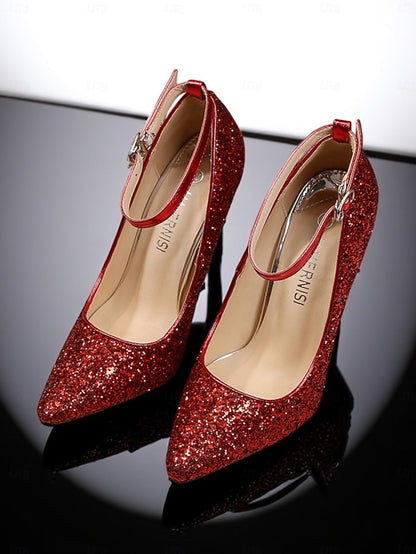 Women's – Glitter Gold Pointed Sparkly Stiletto Heels Toe