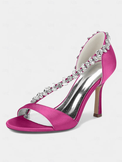 Champagne Satin – Women's with High Heels Crystal T-Strap