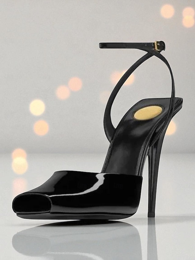 Peep High - Heels Leather Green Women's Toe Dark Patent