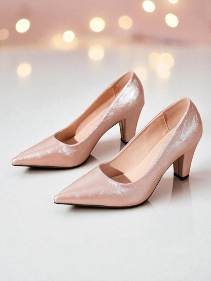Women's Block Glossy Party Heel Nude Pointed Pumps Toe -