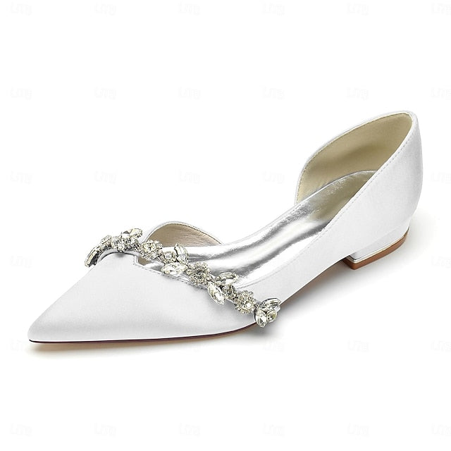 and Crystal with Satin Shoes White Toe Pointed Flat Wedding