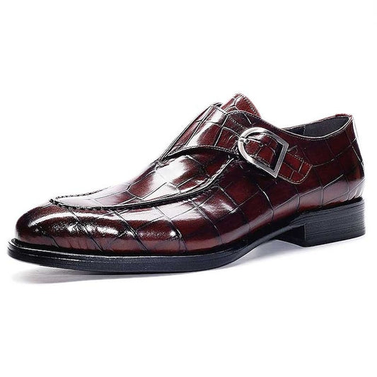 Monk Leather Strap Burgundy Faux Men's Crocodile Pattern