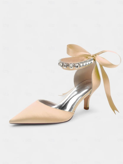 Heels Blue Ankle Pointed-Kitten with Strap Rhinestone and Satin