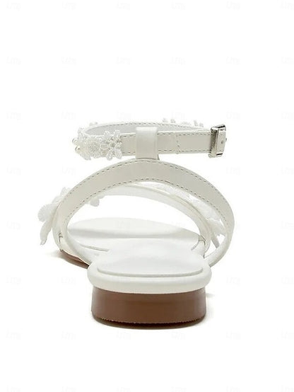 Flats White Floral Open-Toe Sandals Block with Ankle Lace Straps