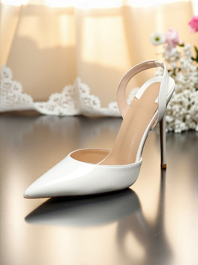 Heels White Slingback Women's Leather - Pearl-Embellished