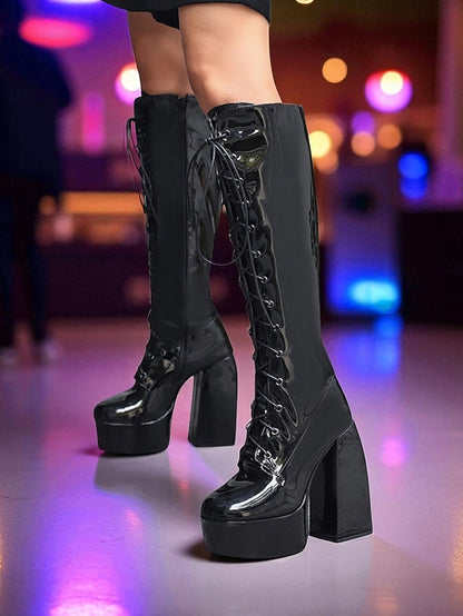 Metallic Silver Platform High Boots - Lace-Up Women's Knee
