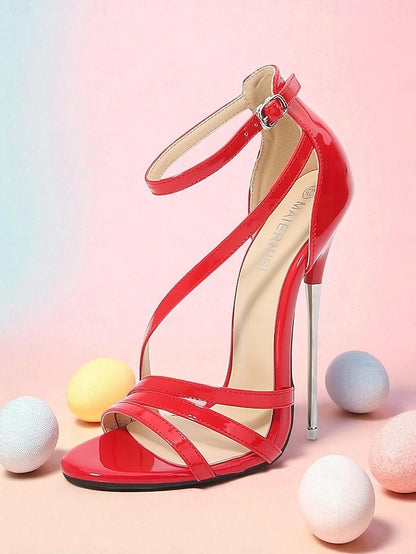 Red Strappy Sandals Heels PU High Women's Stiletto Patent -