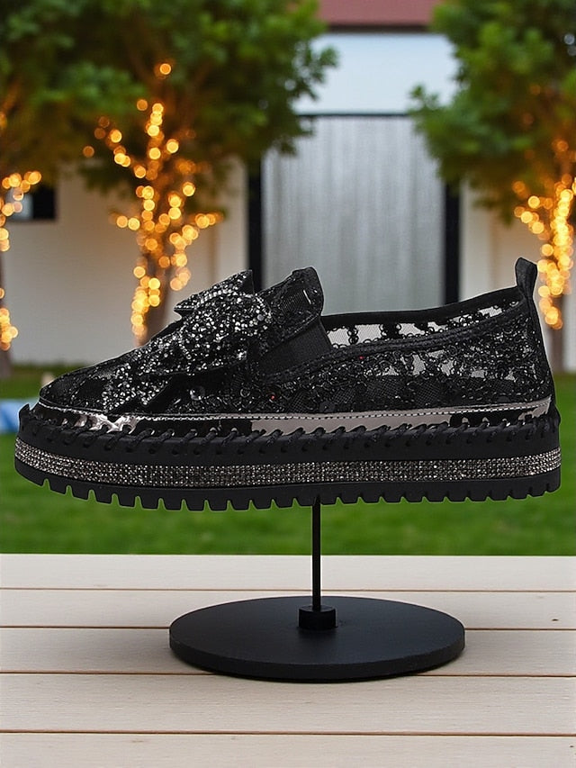 Black Lace Shoes Rhinestone Bow with Slip-On Women's