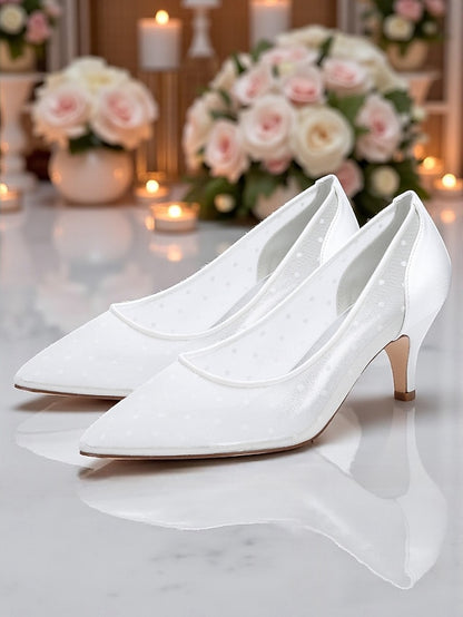 with and Shoes Mesh Low Dot Women's Wedding White Polka