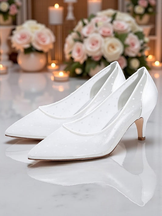with and Shoes Mesh Low Dot Women's Wedding White Polka