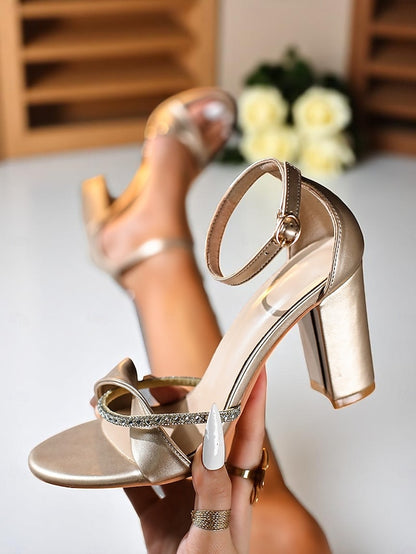 Block Open-Toe Ankle Gold PU Heel Sandals Strap - Women's