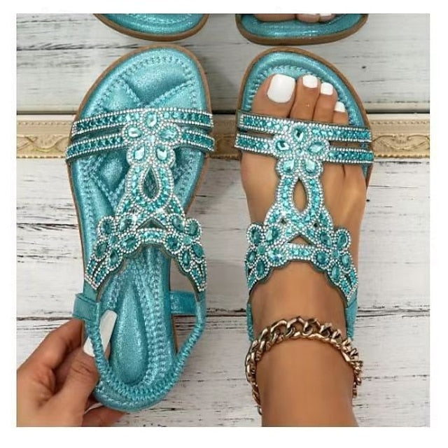 T-Strap Rhinestone Sandals Boho – Flat Women's Silver