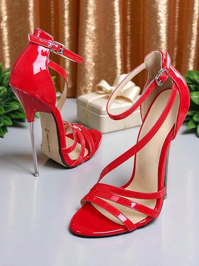 Red Strappy Sandals Heels PU High Women's Stiletto Patent -