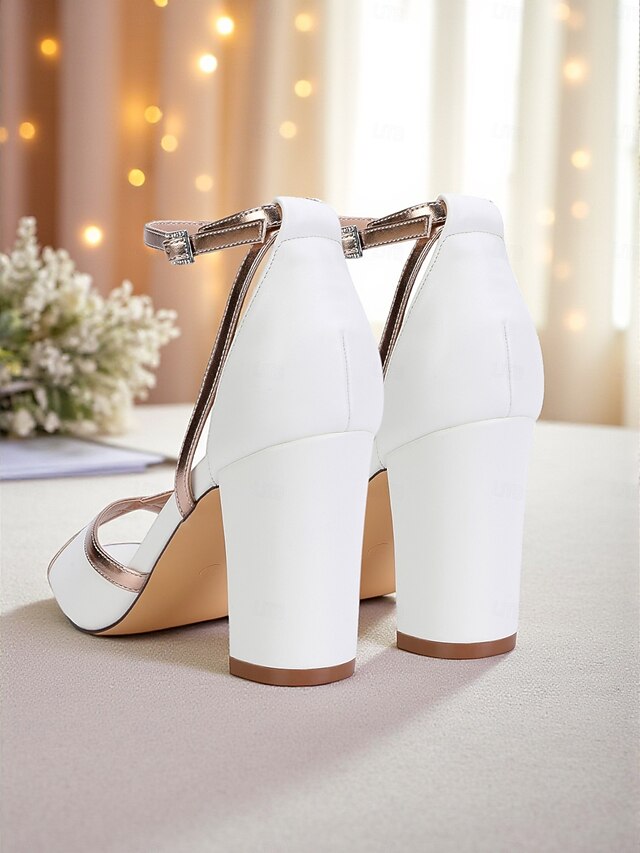 Metallic Block White Strap Ankle Sandals Heel with Women's