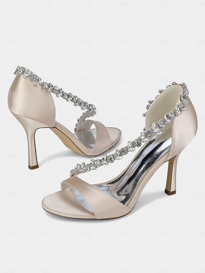 Champagne Satin – Women's with High Heels Crystal T-Strap