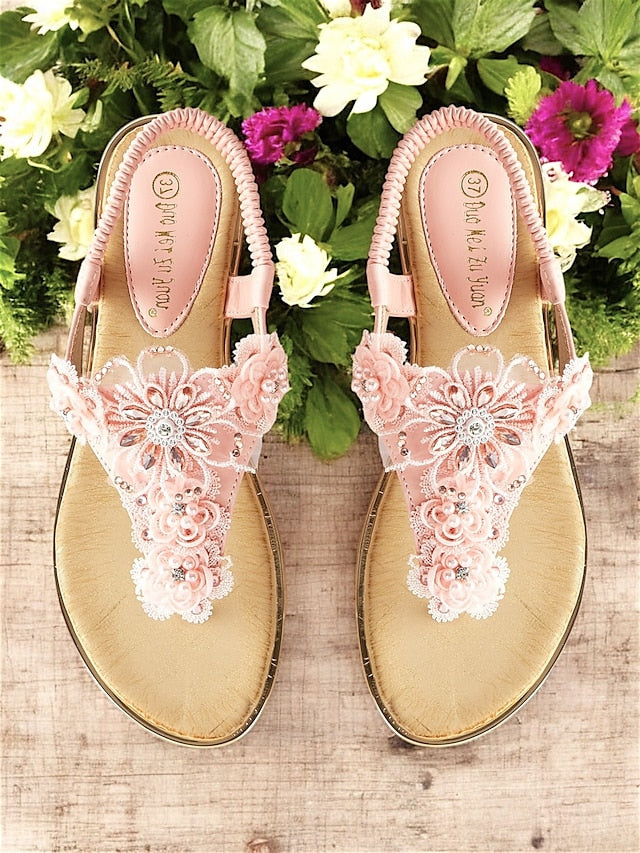 T-Strap Lace Pink Women's Sandals Floral Embellished –