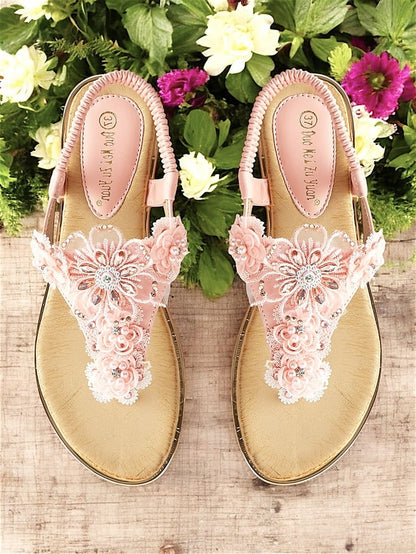 T-Strap Lace Pink Women's Sandals Floral Embellished –