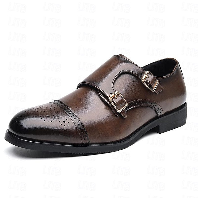 Double with Brown Monk Faux Men's Leather Strap Shoes
