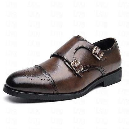 Double with Brown Monk Faux Men's Leather Strap Shoes