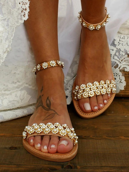 with Sandals Boho Beaded Chic Ankle for Floral Straps Flat